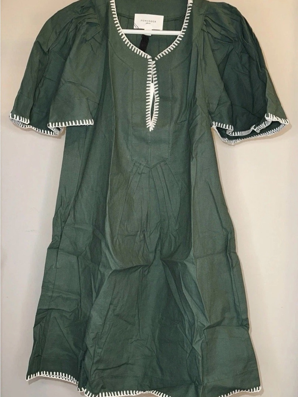Tuckernuck Dark Green Puff-Sleeve Midi Dress with White Trim Pomander